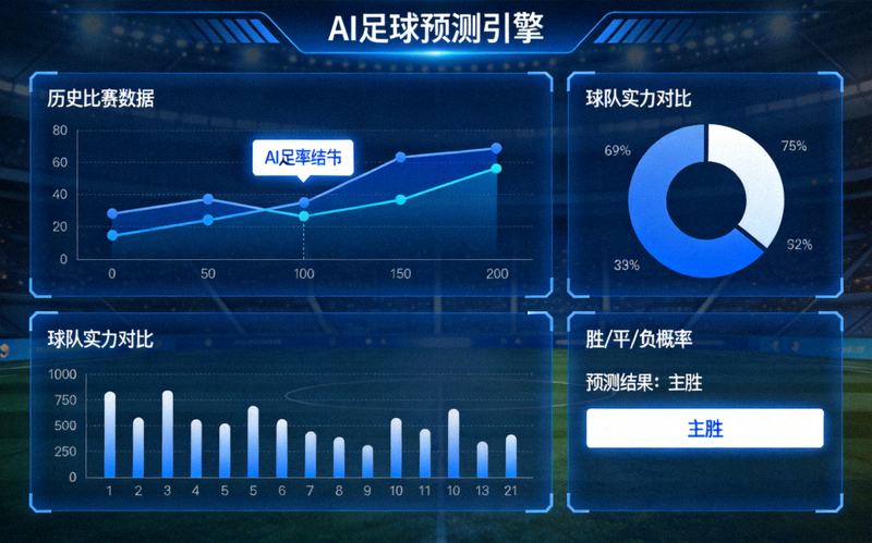 AI足球预测引擎界面展示，包含数据图表、概率分布和预测结果可视化
